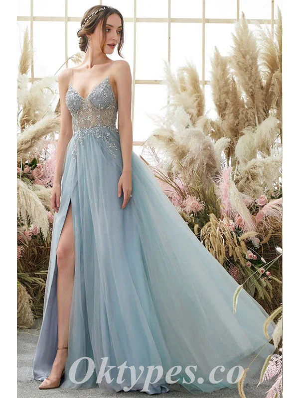Elegant Tulle Spaghetti Straps V-Neck Side Slit A-Line Long Prom Dresses With Rhinestone,PDS0591 Elegant Tulle Spaghetti Straps V-Neck Side Slit A-Line Long Prom Dresses With Rhinestone,PDS0591