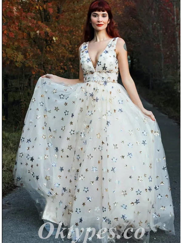 Elegant Star Tulle Spaghetti Straps V-Neck Sleeveless A-Line Long Prom Dresses,PDS0695 Elegant Star Tulle Spaghetti Straps V-Neck Sleeveless A-Line Long Prom Dresses,PDS0695