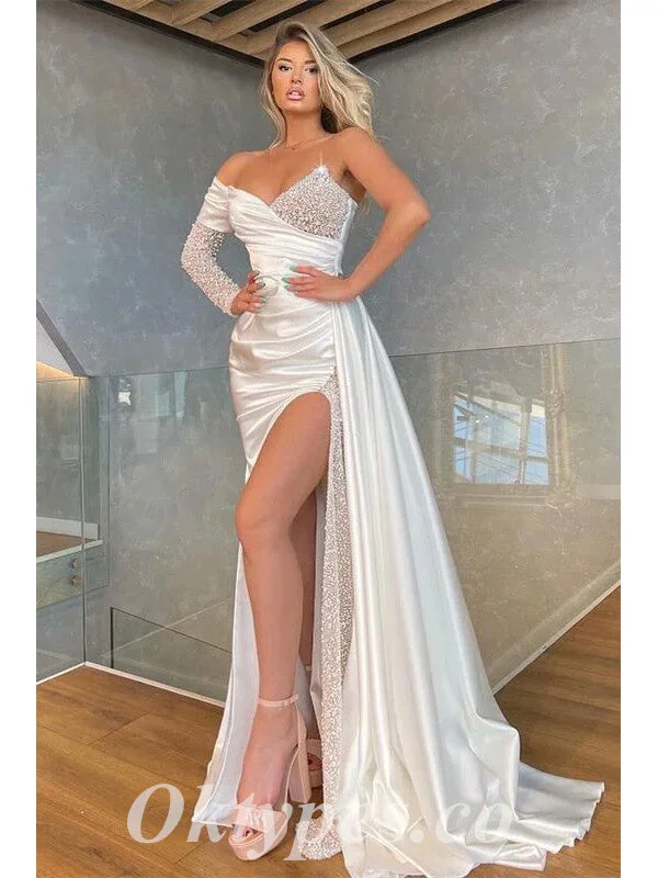 Sexy White Satin One Shoulder Long Sleeve V-Neck Side Slit Mermaid Long Prom Dresses,PDS0797 Sexy White Satin One Shoulder Long Sleeve V-Neck Side Slit Mermaid Long Prom Dresses,PDS0797