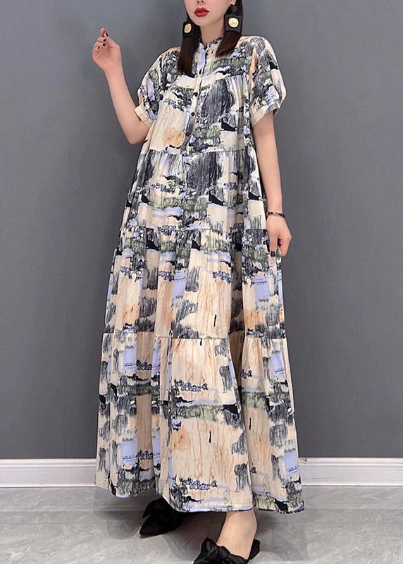 Elegant Stand Collar Button Print Patchwork Wrinkled Chiffon Long Dress Short Sleeve Elegant Stand Collar Button Print Patchwork Wrinkled Chiffon Long Dress Short Sleeve