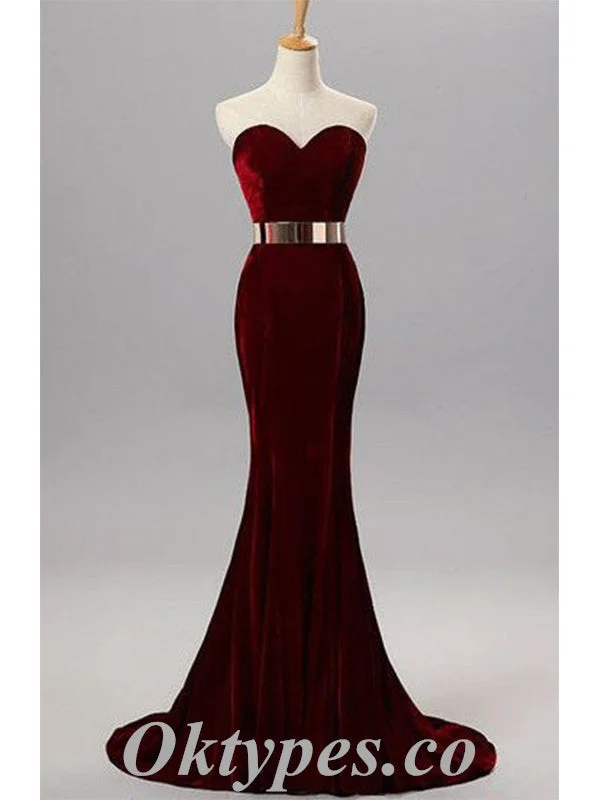 Sexy Burgandy Velvet Sweetheart Sleeveless Mermaid Long Prom Dresses With Metal Belt,PDS0546 Sexy Burgandy Velvet Sweetheart Sleeveless Mermaid Long Prom Dresses With Metal Belt,PDS0546