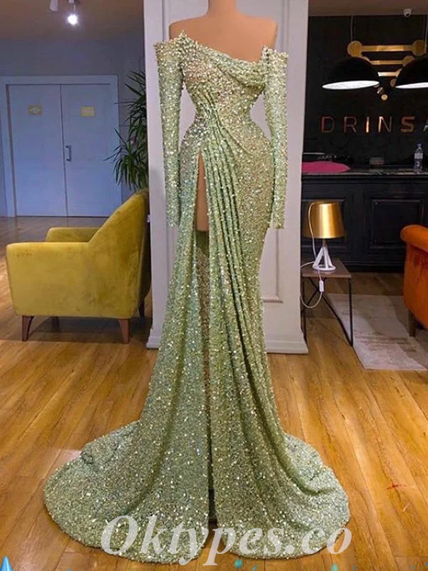 Gorgeous Charming Special Fabric Off Shoulder Long Sleeves Side Slit Mermaid Long Prom Dresses,PDS0590 Gorgeous Charming Special Fabric Off Shoulder Long Sleeves Side Slit Mermaid Long Prom Dresses,PDS0590