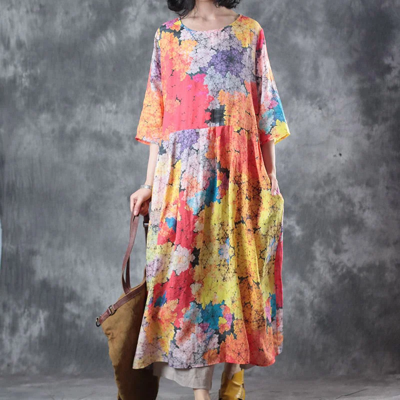 Fine floral long linen dresses casual o neck pockets caftans New half sleeve baggy dresses kaftans Fine floral long linen dresses casual o neck pockets caftans New half sleeve baggy dresses kaftans
