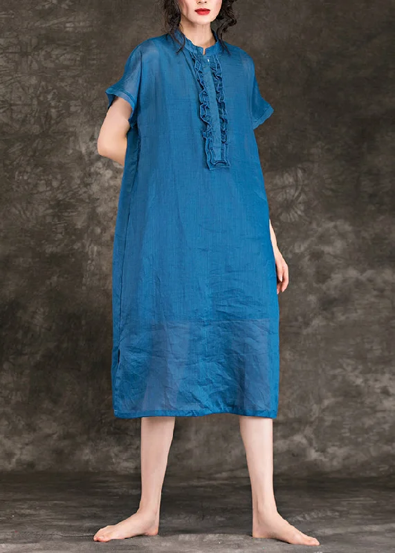 Women stand collar side open linen dresses Fashion Christmas Gifts blue baggy Dress Summer Women stand collar side open linen dresses Fashion Christmas Gifts blue baggy Dress Summer