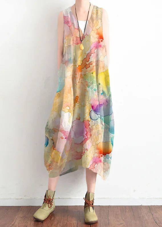 French Color Geometry dots v neck linen clothes For Women stylish design sleevless loose summer Dress French Color Geometry dots v neck linen clothes For Women stylish design sleevless loose summer Dress