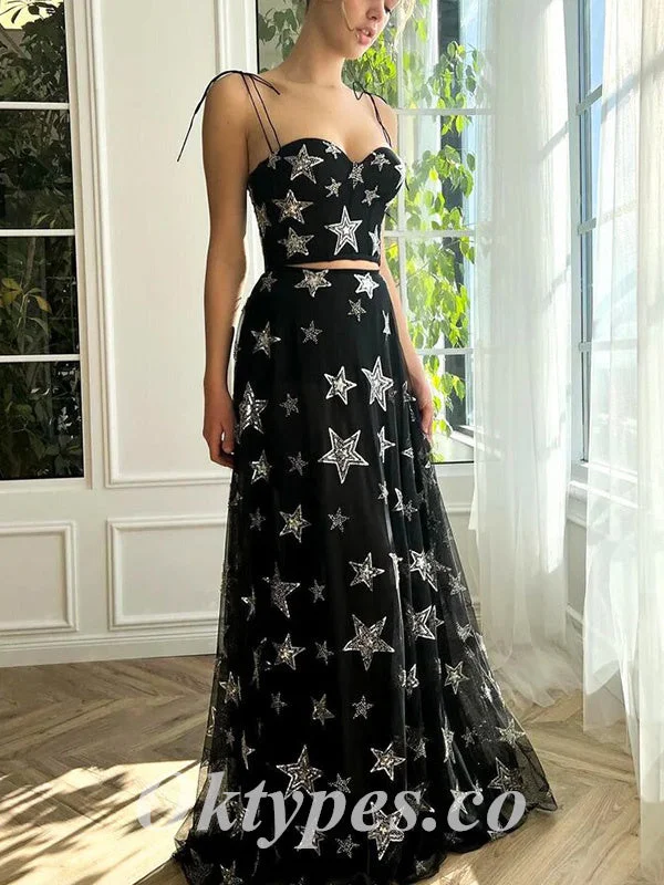 Elegant Star Tulle Two Pieces Spaghetti Straps Sleeveless A-Line Long Prom Dresses,PDS0771 Elegant Star Tulle Two Pieces Spaghetti Straps Sleeveless A-Line Long Prom Dresses,PDS0771