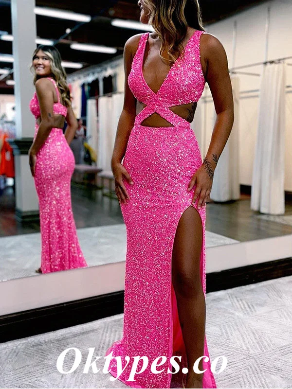 Sexy Sequin Spaghetti Straps V-Neck Sleeveless Side Slit Mermaid Long Prom Dresses, PDS0863 Sexy Sequin Spaghetti Straps V-Neck Sleeveless Side Slit Mermaid Long Prom Dresses, PDS0863