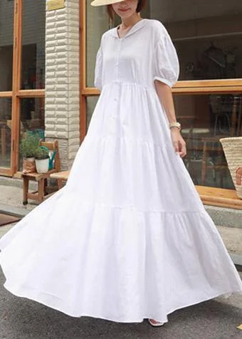Vivid white linen clothes For Women Peter pan Collar Ruffles long Dress