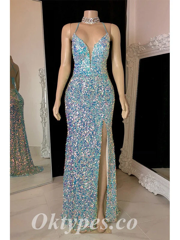 Sexy Shiny Sequin Spaghetti Straps V-Neck Sleeveless Criss Cross Lace Up Side Slit Mermaid Long prom Dresses, PDS0831 Sexy Shiny Sequin Spaghetti Straps V-Neck Sleeveless Criss Cross Lace Up Side Slit Mermaid Long prom Dresses, PDS0831
