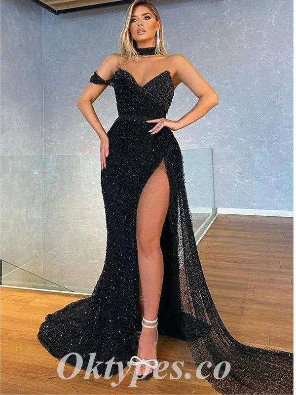 Sexy Black Special Fabric V-Neck Sleeveless Side Slit Mermaid Long Prom Dresses,PDS0800 Sexy Black Special Fabric V-Neck Sleeveless Side Slit Mermaid Long Prom Dresses,PDS0800