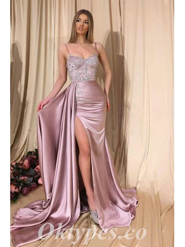 Sexy Satin Spaghetti Straps V-Neck Sleeveless Side Slit Mermaid Long Prom Dresses With Applique,PDS0540 Sexy Satin Spaghetti Straps V-Neck Sleeveless Side Slit Mermaid Long Prom Dresses With Applique,PDS0540