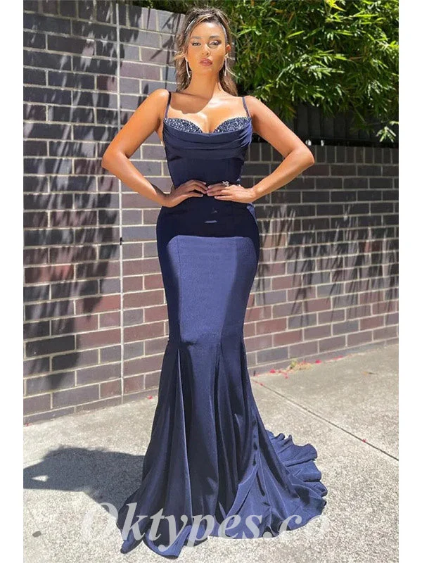 Elegant Satin Spaghetti Straps V-Neck Mermaid Long Prom Dresses With Rhinestone,PDS0795 Elegant Satin Spaghetti Straps V-Neck Mermaid Long Prom Dresses With Rhinestone,PDS0795