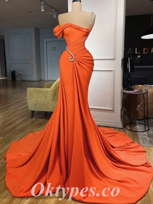 Elegant Orange Satin One Shoulder Sleeveless Mermaid Long Prom Dresses With Decoration,PDS0516 Elegant Orange Satin One Shoulder Sleeveless Mermaid Long Prom Dresses With Decoration,PDS0516