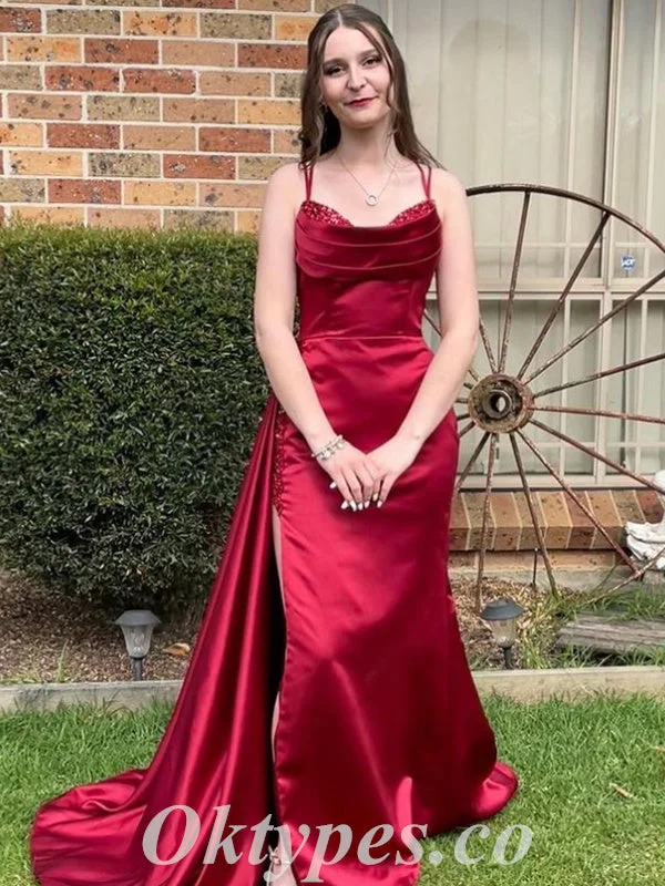 Sexy Burgandy Satin Spaghetti Straps Sleeveless Side Slit Mermaid Long Prom Dresses,PDS0648 Sexy Burgandy Satin Spaghetti Straps Sleeveless Side Slit Mermaid Long Prom Dresses,PDS0648