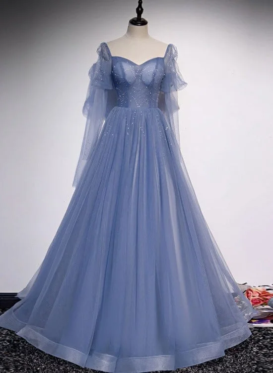Blue Tulle Beaded Sweetheart Unique Long Prom Dress, Blue Evening Dress Formal Dress Blue Tulle Beaded Sweetheart Unique Long Prom Dress, Blue Evening Dress Formal Dress