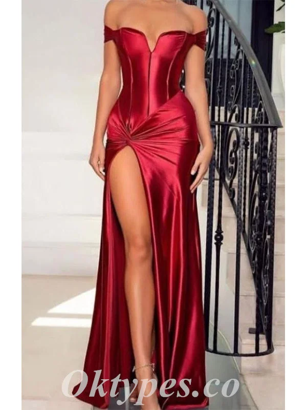 Sexy Rust Satin Off Shoulder V-Neck Sleeveless Side Slit Sheath Long Prom Dresses ,PDS0622 Sexy Rust Satin Off Shoulder V-Neck Sleeveless Side Slit Sheath Long Prom Dresses ,PDS0622