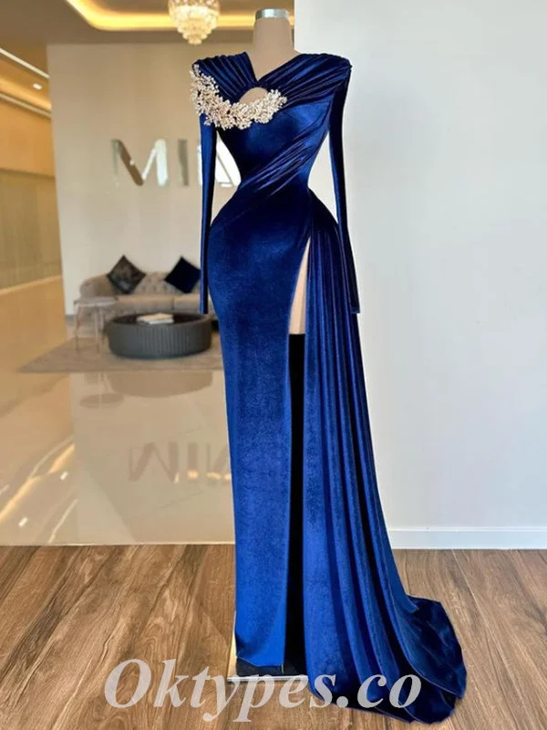 Elegant Royal Blue Velvet Long Sleeve Side Slit Mermaid Long Prom Dresses/Evening Dresses ,PDS0474 Elegant Royal Blue Velvet Long Sleeve Side Slit Mermaid Long Prom Dresses/Evening Dresses ,PDS0474