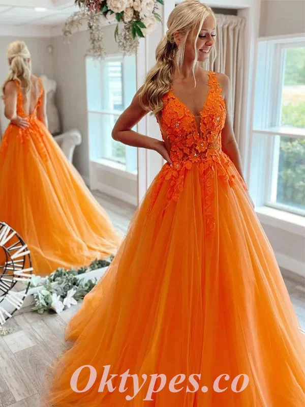 Elegant Orange Tulle Spaghetti Straps V-Neck A-Line Long Prom Dresses With Applique,PDS0592 Elegant Orange Tulle Spaghetti Straps V-Neck A-Line Long Prom Dresses With Applique,PDS0592