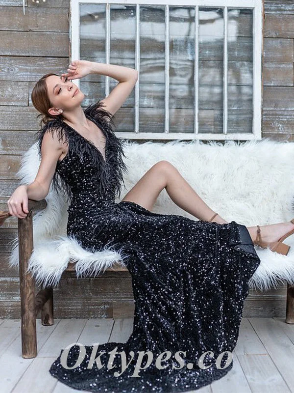 Sexy Black Sequin Spaghetti Straps Deep V-Neck Side Slit Mermaid Long Prom Dresses With Feather,PDS0765 Sexy Black Sequin Spaghetti Straps Deep V-Neck Side Slit Mermaid Long Prom Dresses With Feather,PDS0765