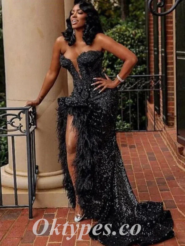 Sexy Black Sequin Sweetheart V-Neck Sleeveless Side Slit Mermaid Long prom Dresses With Feather, PDS0830 Sexy Black Sequin Sweetheart V-Neck Sleeveless Side Slit Mermaid Long prom Dresses With Feather, PDS0830
