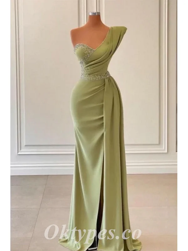 Elegant Crepe One Shoulder Sleeveless Side Slit Mermaid Long Prom Dresses With Beading,PDS0548 Elegant Crepe One Shoulder Sleeveless Side Slit Mermaid Long Prom Dresses With Beading,PDS0548