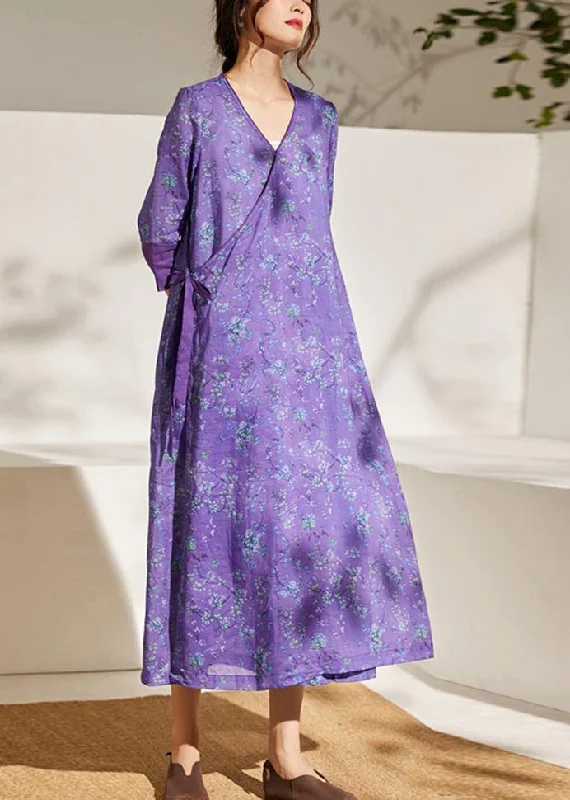 Simple Purple Patchwork Tie Waist Print Summer Ramie Vacation Dress