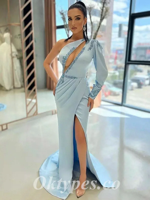 Sexy Blue Satin One Shoulder Long Sleeve Side Slit Mermaid Long Prom Dresses With Rhinestone, PDS0820 Sexy Blue Satin One Shoulder Long Sleeve Side Slit Mermaid Long Prom Dresses With Rhinestone, PDS0820