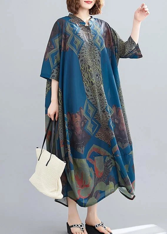 Elegant Stand Collar Summer Tunics Blue Abstract Pattern Long Dress
