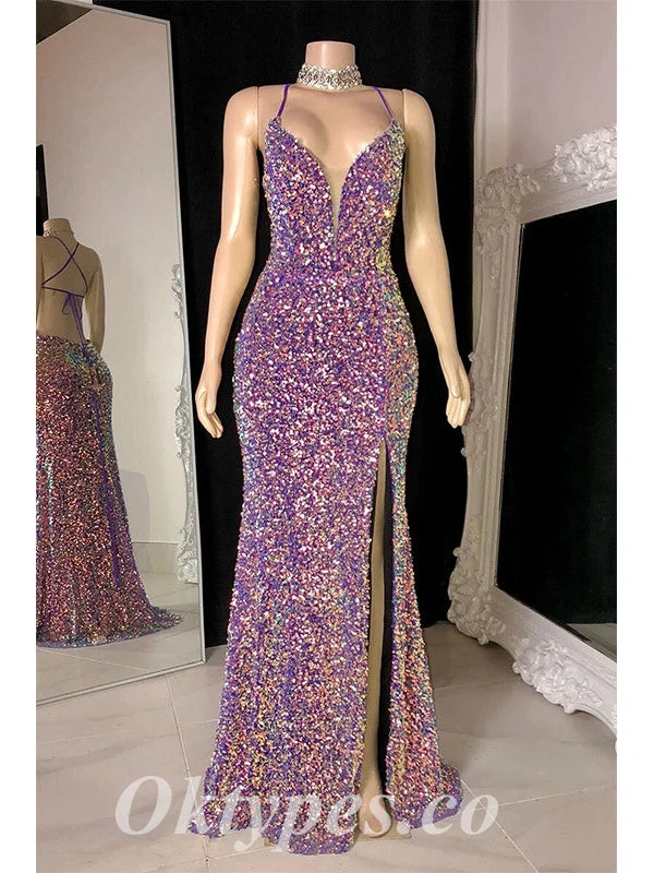 Sexy Shiny Sequin Spaghetti Straps V-Neck Sleeveless Criss Cross Lace Up Side Slit Mermaid Long prom Dresses, PDS0832 Sexy Shiny Sequin Spaghetti Straps V-Neck Sleeveless Criss Cross Lace Up Side Slit Mermaid Long prom Dresses, PDS0832