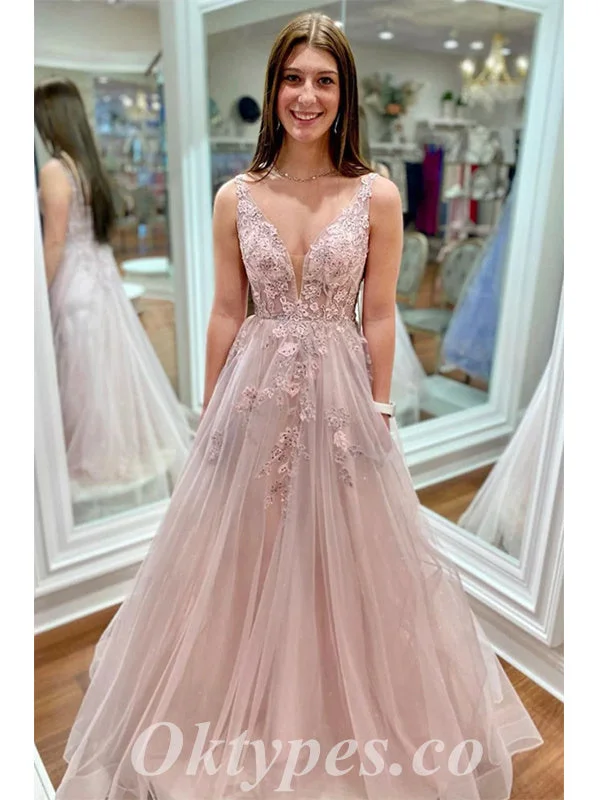 Elegant Tulle Spaghetti Straps V-Neck Sleeveless A-Line Long Prom Dresses With Applique And Beading,PDS0660 Elegant Tulle Spaghetti Straps V-Neck Sleeveless A-Line Long Prom Dresses With Applique And Beading,PDS0660
