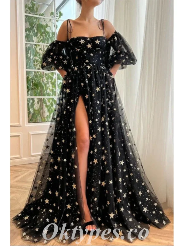 Charming Special Tulle Spaghetti Straps Half Sleeves Side Slit A-Line Long Prom Dresses,PDS0604 Charming Special Tulle Spaghetti Straps Half Sleeves Side Slit A-Line Long Prom Dresses,PDS0604