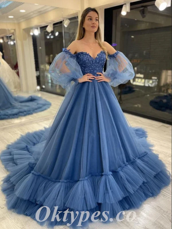 Elegant Tulle Off Shoulder V-Neck Long Sleeve A-Line Long Prom Dresses/Ball Gown With Applique,PDS0640 Elegant Tulle Off Shoulder V-Neck Long Sleeve A-Line Long Prom Dresses/Ball Gown With Applique,PDS0640