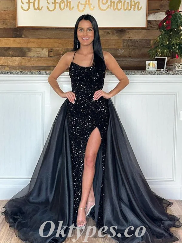 Sexy Black Sequin Spaghetti Straps Sleeveless Mermaid Long Prom Dresses With Trailing,PDS0643 Sexy Black Sequin Spaghetti Straps Sleeveless Mermaid Long Prom Dresses With Trailing,PDS0643
