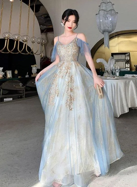 Charming Lace Light Blue V-neckline Long Prom Dress, A-line Formal Dress Evening Dress Charming Lace Light Blue V-neckline Long Prom Dress, A-line Formal Dress Evening Dress