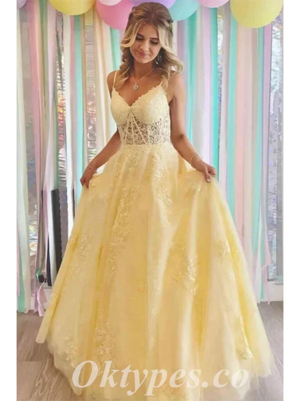 Elegant Yellow Lace And Tulle Spaghetti Straps V-Neck Lace Up Back A-Line Long Prom Dresses,PDS0593 Elegant Yellow Lace And Tulle Spaghetti Straps V-Neck Lace Up Back A-Line Long Prom Dresses,PDS0593