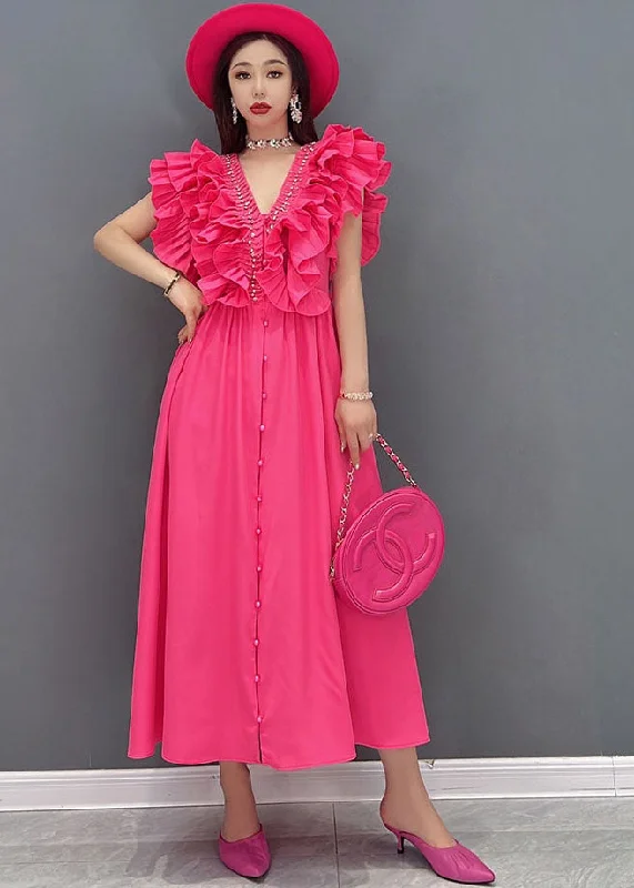 Bohemian Red V Neck Ruffles Cotton Long Dresses Vestidos Sleeveless