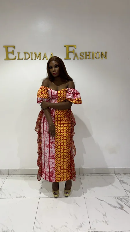 Ibeji Sexy Off-Shoulder African Print Kampala Cleavage Dress with Side Frills by Eldimaa Fashion Ibeji Sexy Off-Shoulder African Print Kampala Cleavage Dress with Side Frills by Eldimaa Fashion
