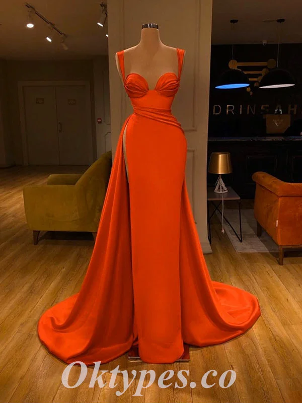 Elegant Orange Satin Spaghetti Straps Sleeveless Side Slit Mermaid Long Prom Dresses With Pleats,PDS0515 Elegant Orange Satin Spaghetti Straps Sleeveless Side Slit Mermaid Long Prom Dresses With Pleats,PDS0515
