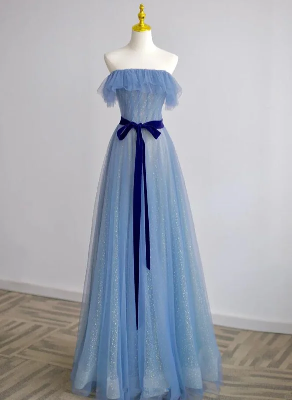 A-line Blue Tulle Scoop Long Formal Dress with Belt, Blue Long Evening Dress Prom Dress A-line Blue Tulle Scoop Long Formal Dress with Belt, Blue Long Evening Dress Prom Dress
