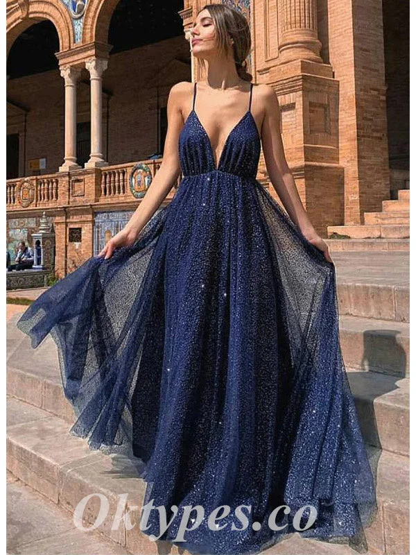 Shiny Tulle Spaghetti Straps V-Neck Sleeveless Backless A-Line Long prom Dresses, PDS0839 Shiny Tulle Spaghetti Straps V-Neck Sleeveless Backless A-Line Long prom Dresses, PDS0839