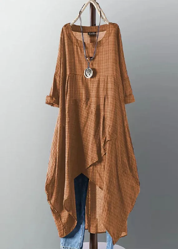 New Yellow O Neck Asymmetrical Plaid Cotton Dress Summer