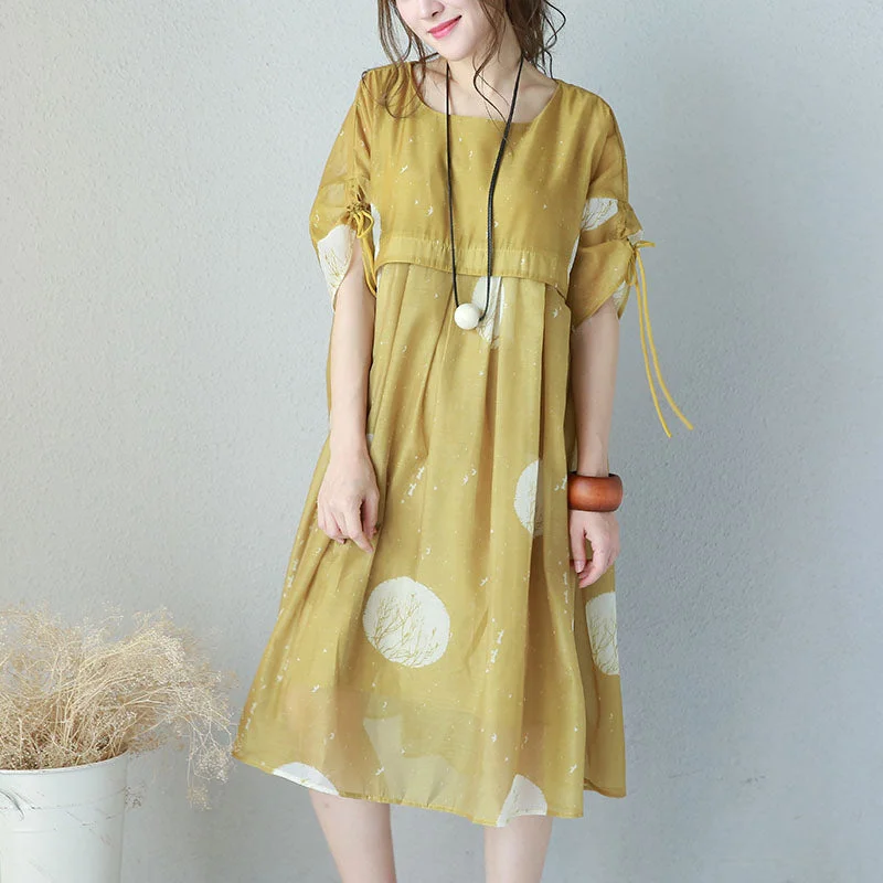 Fine yellow prints chiffon dresses oversized high waist dress Elegant drawstring sleeve dresses Fine yellow prints chiffon dresses oversized high waist dress Elegant drawstring sleeve dresses