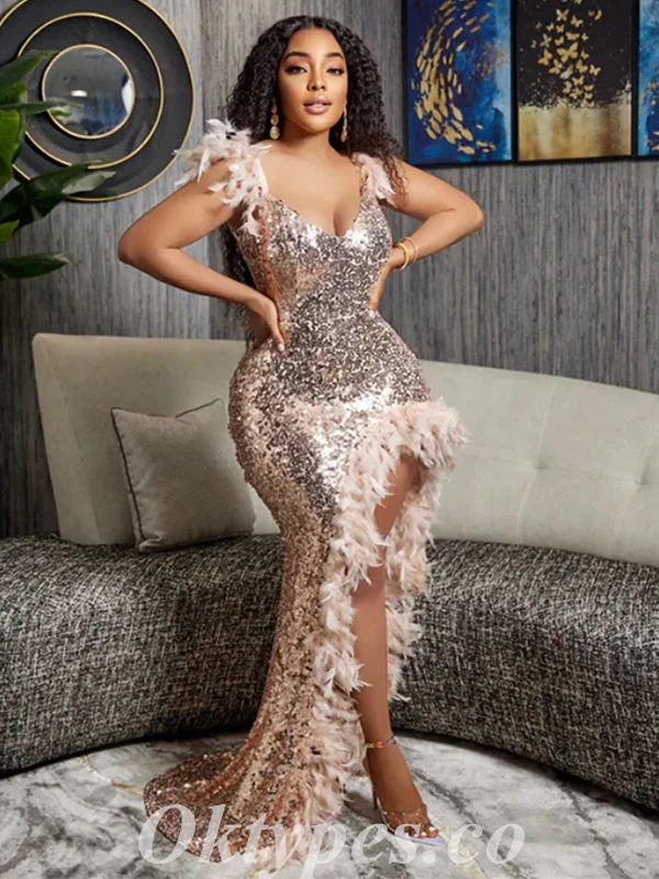 Shiny Sequin Spaghetti Straps V-Neck Sleeveless Side Slit Mermaid Long Prom Dresses With Feather,PDS0692 Shiny Sequin Spaghetti Straps V-Neck Sleeveless Side Slit Mermaid Long Prom Dresses With Feather,PDS0692