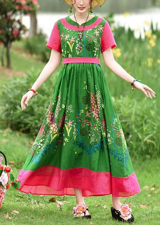 DIY tie waist patchwork cotton quilting dresses Runway green print Kaftan Dress summer DIY tie waist patchwork cotton quilting dresses Runway green print Kaftan Dress summer