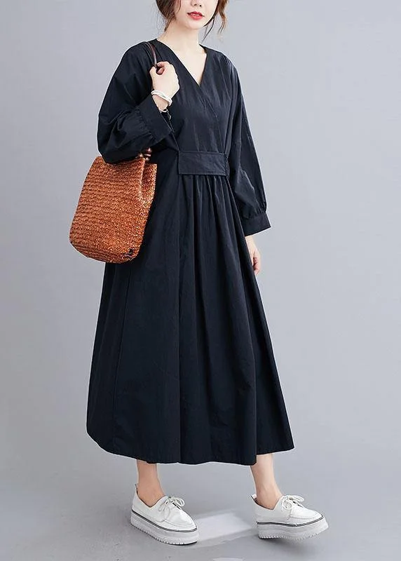 Chic Black Slim Fit V Neck Pockets Fall Long Dresses Long Sleeve