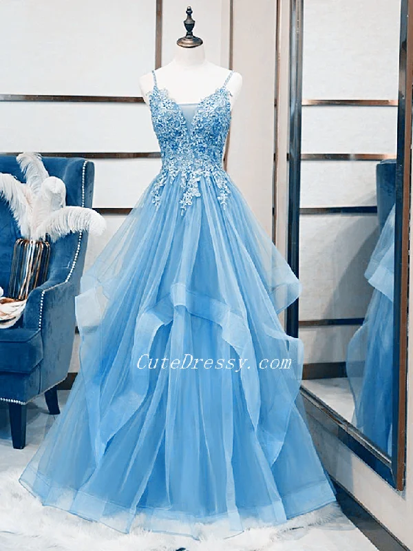 Light Blue V-neckline Lace Prom Dress with Corset Back, Light Blue Long Evening Dresses Light Blue V-neckline Lace Prom Dress with Corset Back, Light Blue Long Evening Dresses