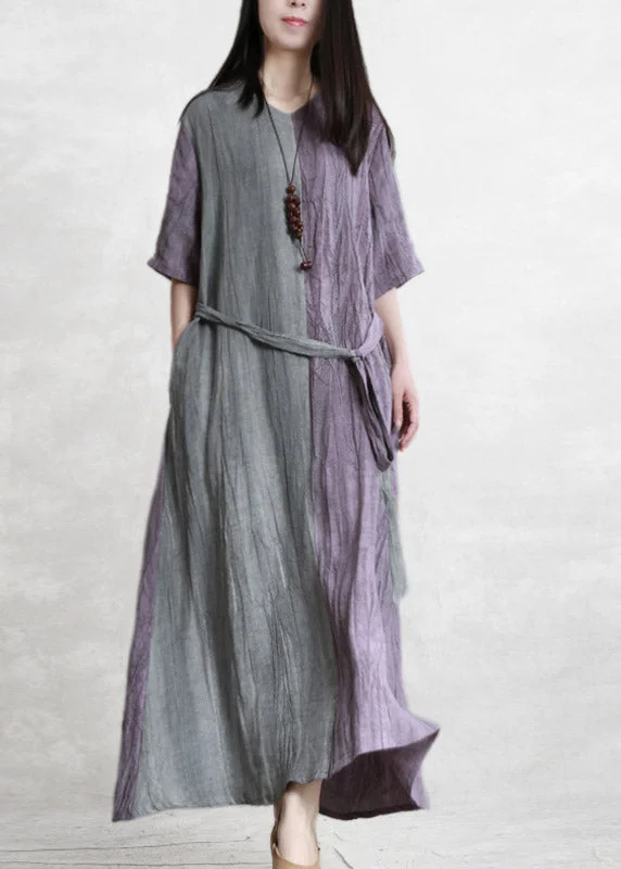 Vintage Purple Grey Patchwork V Neck Pockets wrinkled Tie Waist Linen Dress Half Sleeve Vintage Purple Grey Patchwork V Neck Pockets wrinkled Tie Waist Linen Dress Half Sleeve
