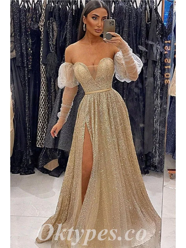 Sexy Shiny Sequin Tulle Off Shoulder Long Sleeve Side Slit A-Line Long Prom Dresses,PDS0722 Sexy Shiny Sequin Tulle Off Shoulder Long Sleeve Side Slit A-Line Long Prom Dresses,PDS0722