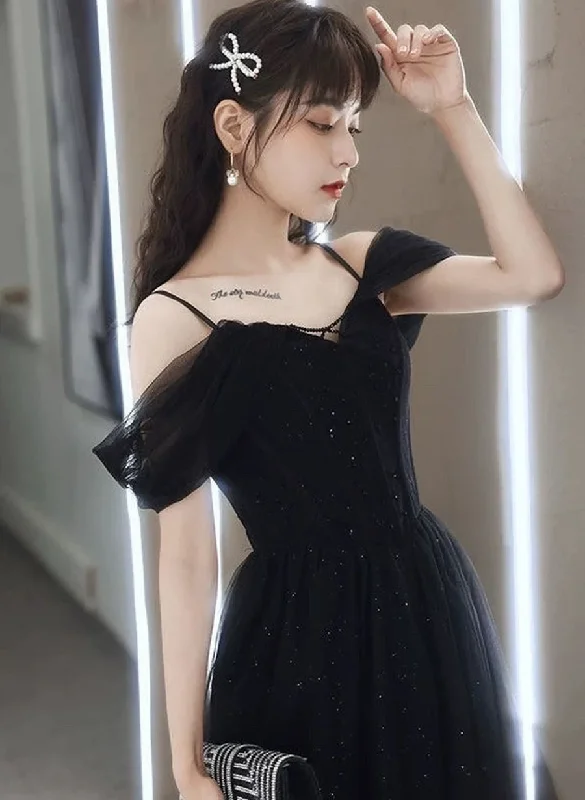 Black Sweetheart Tulle Off Shoulder A-line Prom Dress, Straps Shiny Black Evening Dress Black Sweetheart Tulle Off Shoulder A-line Prom Dress, Straps Shiny Black Evening Dress
