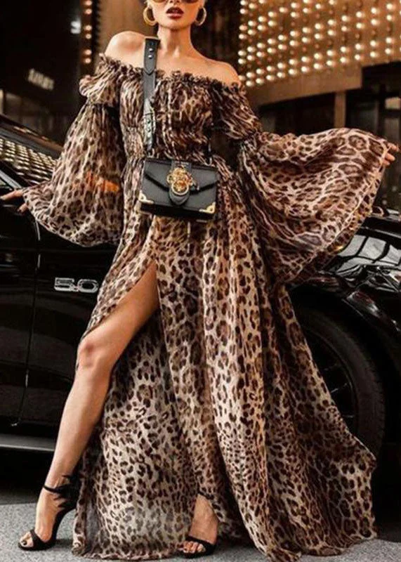 Fashion Slash Neck Backless Ruffled Leopard Print Side Open Long Dresses Flare Sleeve Fashion Slash Neck Backless Ruffled Leopard Print Side Open Long Dresses Flare Sleeve